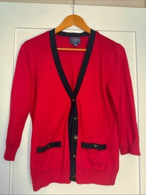 Chaps Women's Red Cardigan with Black Trim and Button Front Sz Medium preppy